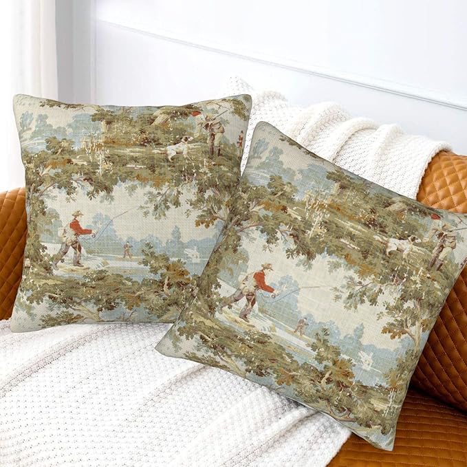 Farmhouse Rustic Vintage Throw Pillow Covers 18x18 Inch Set of 2 Country Home Decor Retro Pillow Case Fishing and Hunting Pattern Cushion Cover of Indoor Outdoor Sofa Bed Living Room