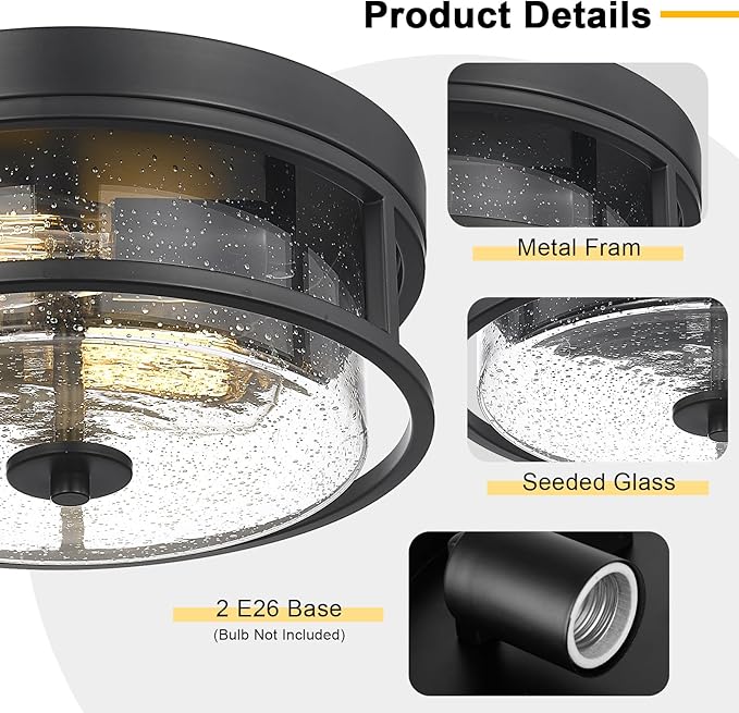 2-Light Flush Mount Ceiling Light, Farmhouse Industrial Black Finish with Seeded Glass Ceiling lamp, Modern Ceiling Light Fixture for Bedroom Living Room Kitchen Hallway Entryway
