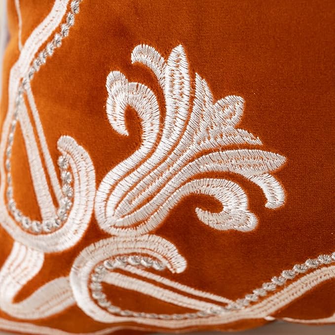 Aeckself European Floral Pillow Cover 18x18 Inch, Luxury Velvet Embroidered Decorative Throw Pillow Cover for Couch Bedroom Living Room, Burnt Orange and White