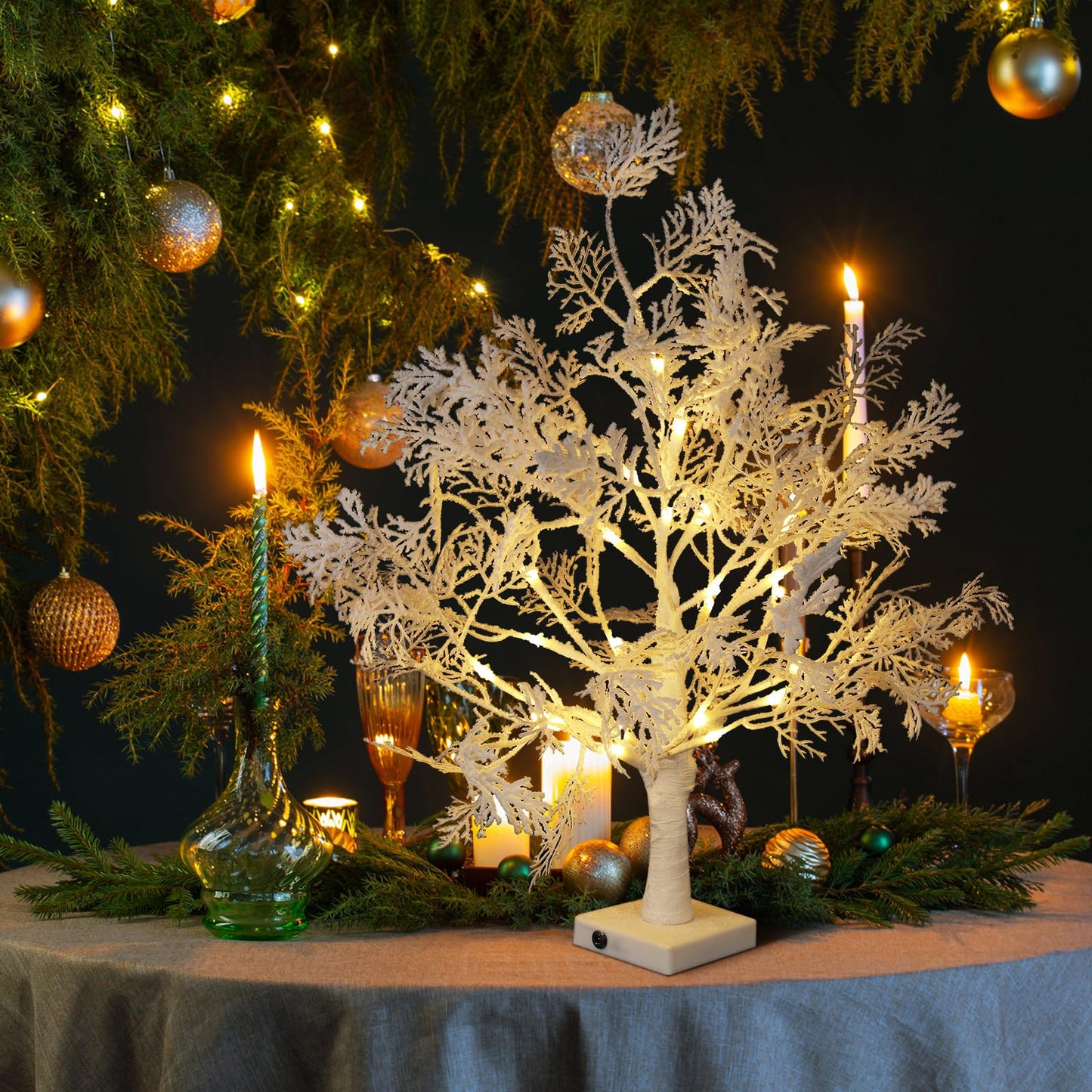 Quzzil 2 Pack Flocked Tabletop Christmas Tree with Lights 24 Inch Artificial Small White Christmas Snow Birch Tree Frost Battery Powered/USB Table Centerpiece for Indoor Mantel Holiday Decor