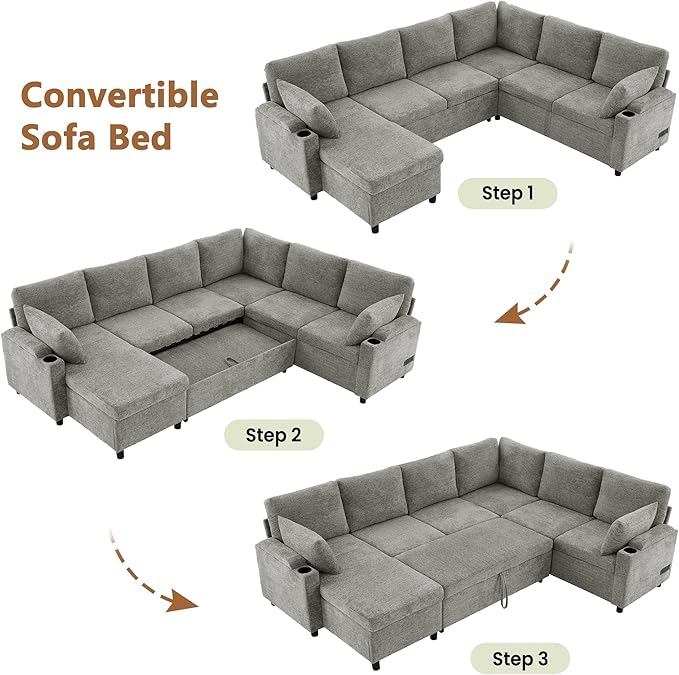 Ball & Cast 109.9" Sectional Sofa with Pull Out Bed, Chenille Upholstered Sleeper Sofa Bed with Storage Chaise, Convertible U Shaped Couch with Two Cup Holders and Charging Ports ，Light Grey