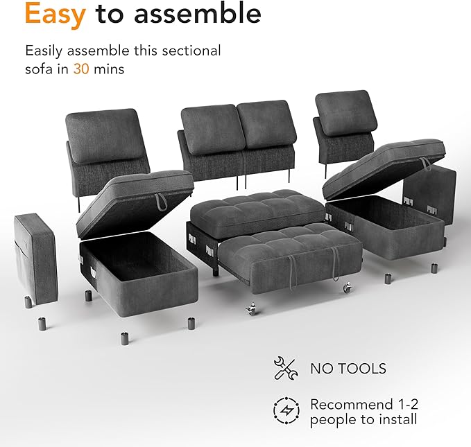 Vipbear Sleeper Sectional Sofa, 105" U Shaped Couch with Pull Out Bed, Convertible Chenille Cloud Sofa with Reclining Backrest | Double Storage Chaise | USB Ports | Tool-Free Assembly | Grey