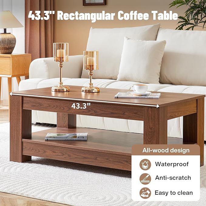 43.3" Coffee Table with Storage, 2-Tier Mid Century Rectangular Accent Table with Thick Tabletop, Rustic Style Cocktail, Center Table for Living Room, Office, Apartment (Walnut)