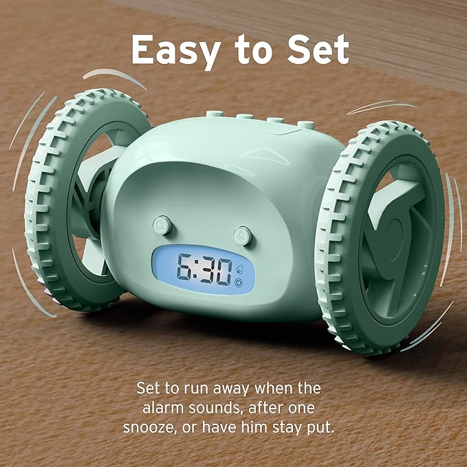 CLOCKY Extra Loud Alarm Clock for Heavy Sleepers on Wheels Rolls Runs Away Vibrating, Easy to Set Super Smart Snooze Digital Bed Shaker Alarm Clock Funny Gift for Adults Kids Teens Bedrooms (Mint)