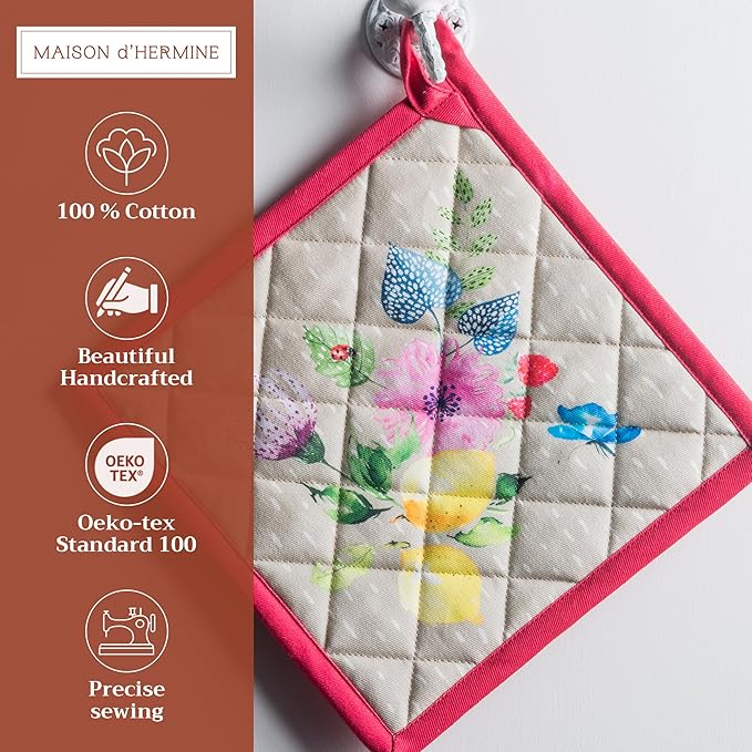 Maison d' Hermine Pot Holders Set 100% Cotton Heat Resistant Potholders 8" x 8" Hot Pads with Loop BBQ, Cooking, Grilling, Kitchen, Handling Hot Pans Spring/Summer (Pack of 2, Jardin D'Ete - Fog)