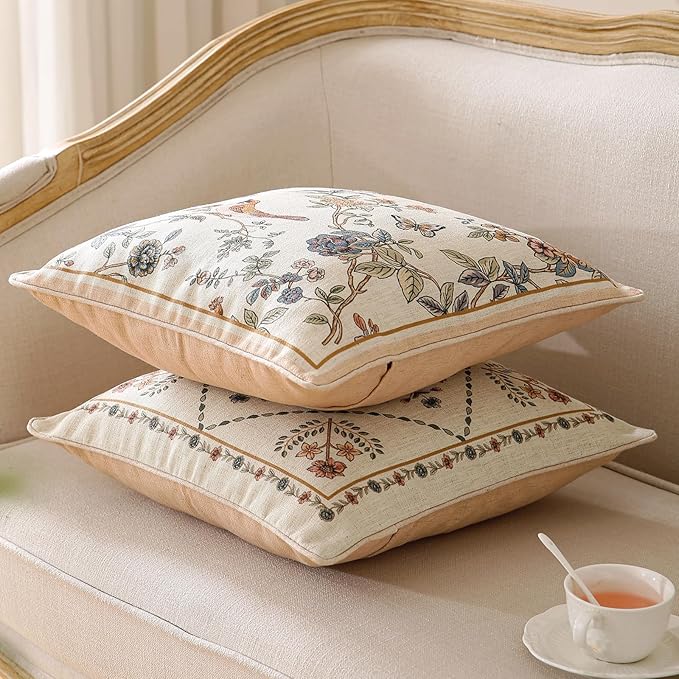 Design Square Floral Linen Throw Pillow Covers 18"x18" Pack of 2, Yellow Pink Flower Pattern Cushion Covers Decor Pillowcases for Bed,Living Room,Outdoor,Car