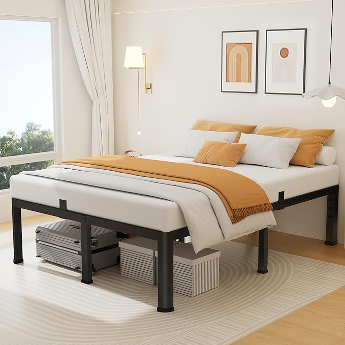 16 Inch Full Size Metal Platform Bed Frame with Round Corners, Storage Space Under High Bed Frame-Heavy Duty Steel Slats Support, Noise Free - Easy Assembly - No Box Spring Needed