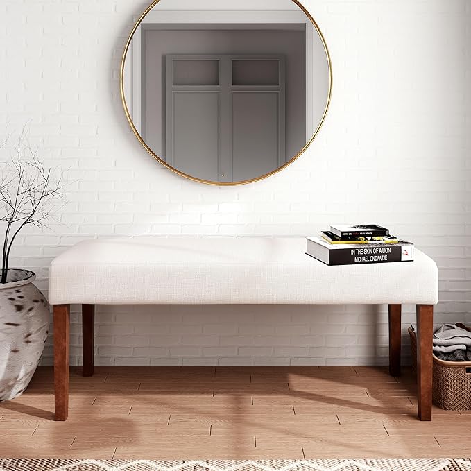 Farmhouse Upholstered Dining Bench Seat, 45" Linen Entryway Bench with Natural Wood Legs, Mid Century Modern End of Bed Bench for Kitchen Bedroom Living Room Hallway, for 2-3 Person, Beige