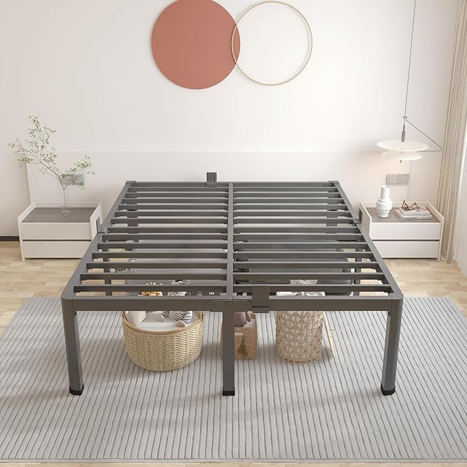 ROIL 12 inch King Size Bed Frame Metal Platform No Box Spring Needed with Headboard Hole Round Corner Legs Mattress Stoppers Retainers 3500LBS Heavy Duty Steel Slats Noise-Free