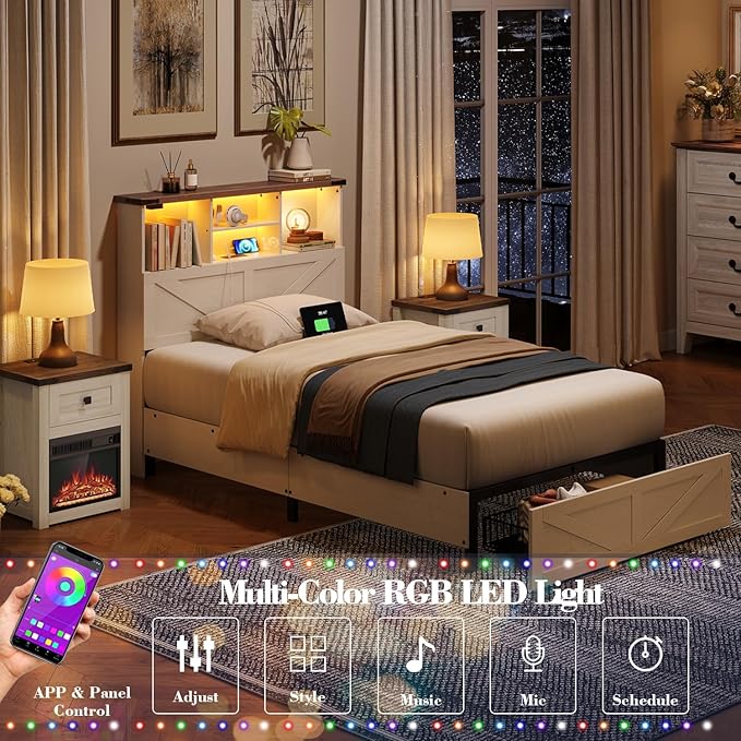 Twin Bed Frame with Bookshelf, Bookcase High Headboard with Charging Station and LED Light, Farmhouse Bed with Storage Drawers, No Box Spring Needed, Noise Free, Easy Assembly, Antique White