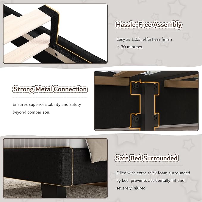 iPormis Twin Platform Bed Frame with Fabric Upholstered Headboard & Thickened Legs, Mattress Foundation with Solid Wooden Slats Support, No Box Spring Needed, Noise Free, Black