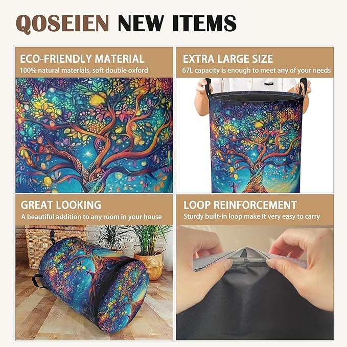 Cosmic Tree Laundry Hamper,Collapsible Laundry Baskets,Tree of Life Dirty Clothes Baskets with Handles,Oxford Cloth Hamper for Bedroom,Bathroom,College Dorms, 16"x20"