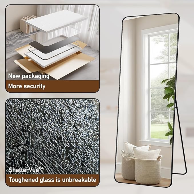 BEAUTYPEAK Black Full Length Mirror, 65"x24" Rounded Corner Floor Mirror Standing Hanging or Leaning Against Wall, Suitable for Bedroom or Dressing Room