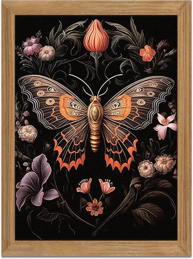 Framed Vintage 3D Textured Wall Art - Gothic Butterfly Wall Decor - Hand Drawn Sandstone Nature Botanical Pictures for Living Room Bedroom Home Decor 12x16in