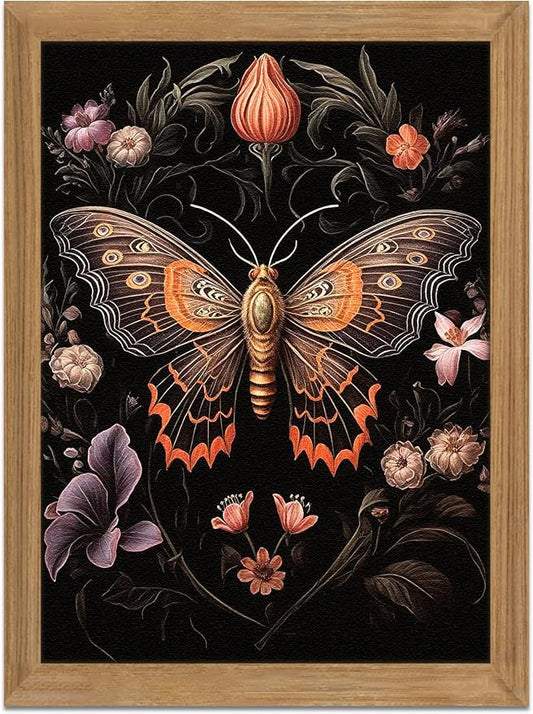 Framed Vintage 3D Textured Wall Art - Gothic Butterfly Wall Decor - Hand Drawn Sandstone Nature Botanical Pictures for Living Room Bedroom Home Decor 16x24 inches