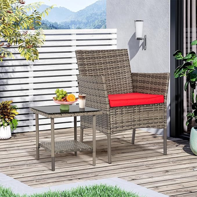 FDW 3 Piece Outdoor Furniture Set Patio Gray Wicker Chairs Furniture Bistro Conversation Set 2 Rattan Chairs with Red Cushions and Glass Coffee Table for Porch Lawn Garden Balcony Backyard