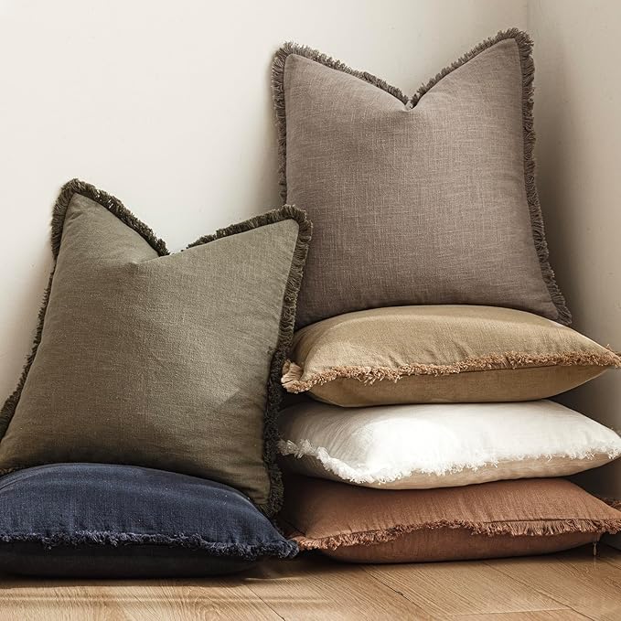 Foindtower Set of 2 Decorative Linen Fringe Throw Pillow Covers Boho Farmhouse Cushion Cover with Tassels Soft Accent Pillowcase for Couch Chair Sofa Bed Living Room Home Decor,20×20 Inch,Brown Tan