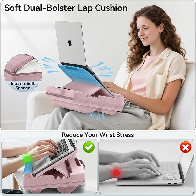 Laptop Lap Desk with Cushion, Adjustable Lap Desk Pillow with Storage, Portable Lap Table for Adults Student, Laptop Stand for Bed Office College Dorm Home Room Couch, Fits Up to 14.9" PC Tablet, Pink