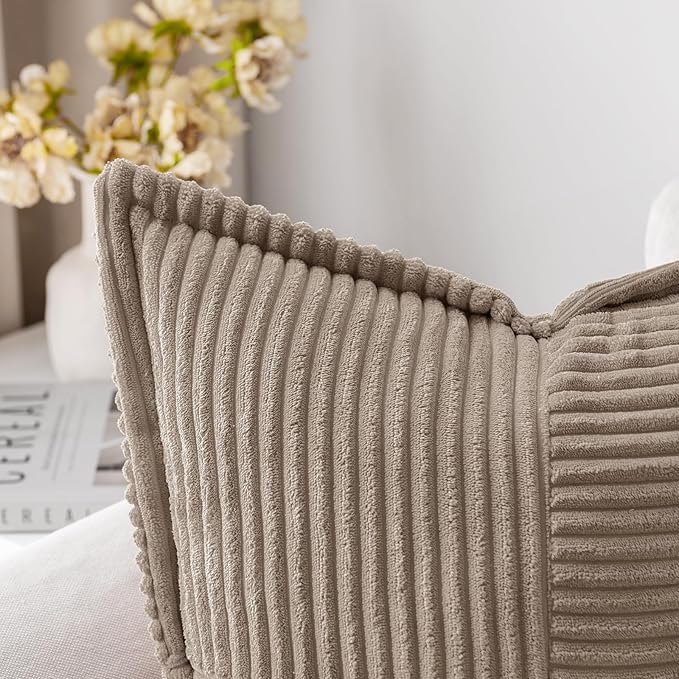 MIULEE Decorative Throw Pillow Covers for Couch Bed Livingroom 18x18 Inch Set of 2 Light Brown Boho Accent Throw Pllows Broadside Striped Patchwork Soft Corduroy Pillowcases