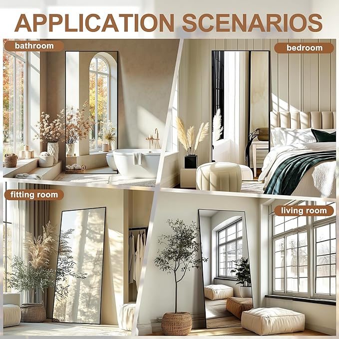 Delma Standing Full Length Mirror with Aluminium Frame for Bedroom Bathroom Living Room(with Stand,70x35-Black)