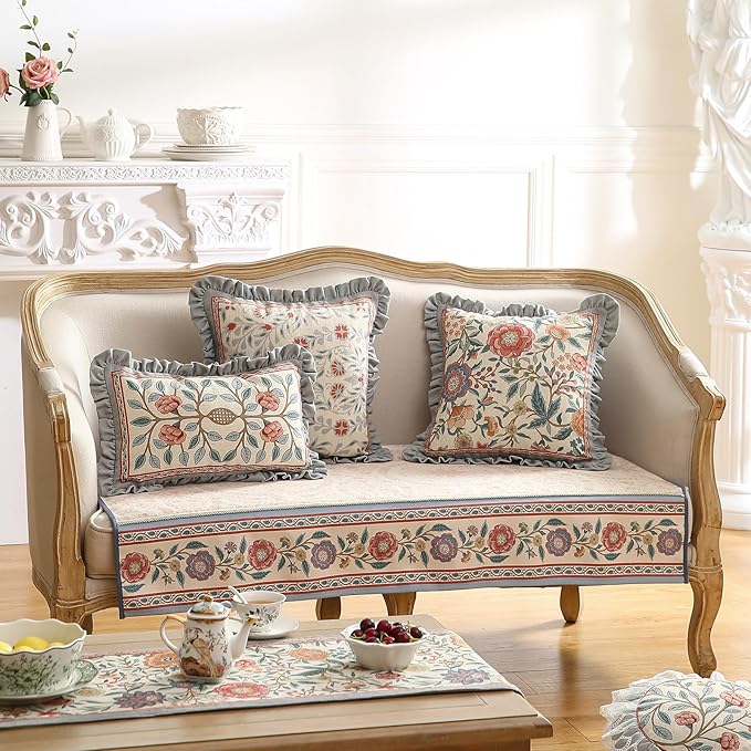 Orange Throw Pillow Covers Set of 4,Cottage Rustic with Blooming Floral Pattern Linen Pillowcases,Decorative Round Square Lumbar Pillows Cushion Covers for Couch Sofa Bed Chair Car