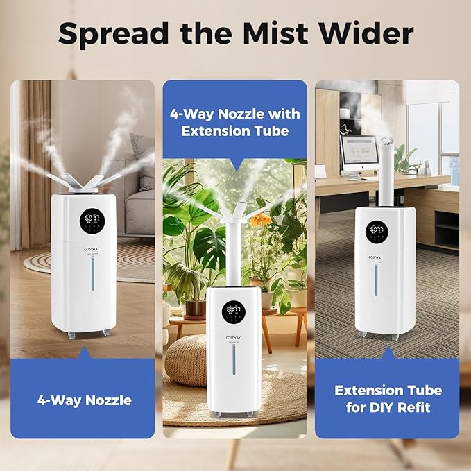 COSTWAY 21L Humidifier for Large Room, 5Gal Whole House Ultrasonic Humidifier with 3 Mist Levels, Extension Tube, 360° Nozzles & Remote Control, Top Fill Commercial Humidifier with Wheels for Home