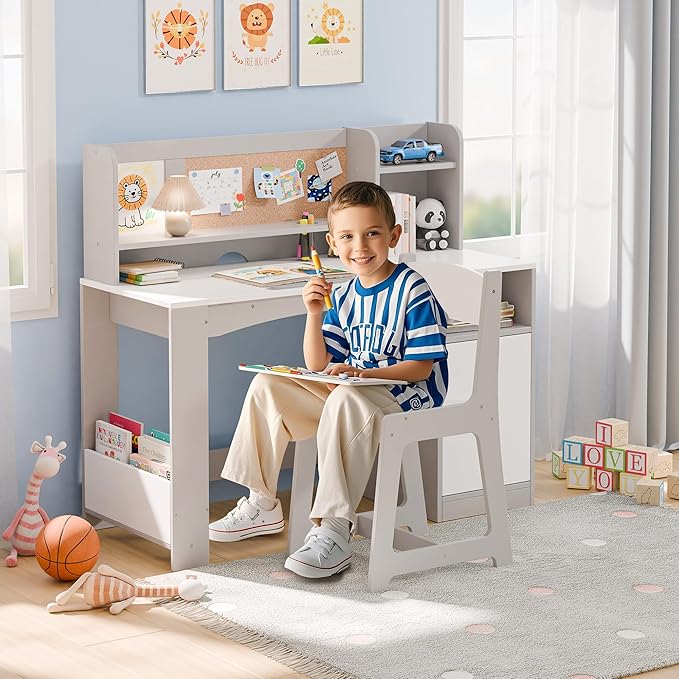 Kids Study Desk with Chair and Tiltable Desktop, Kids Stud Des and Chair Set with Hutch&Storage Cabinet, Wooden Children Study Table for 5-12 Years Old, Student Writing Desk for Bedroom (Grey)