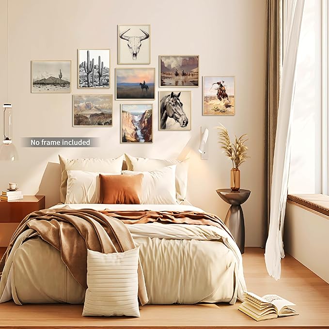 SEHSUVC Western Wall Art Set of 9, Cowboy Horse Cactus Skull Desert Landscape Canvas Prints, Southwestern Rustic Vintage Posters for Living Room Bedroom Office Home Decor 8x10 Inch Unframed