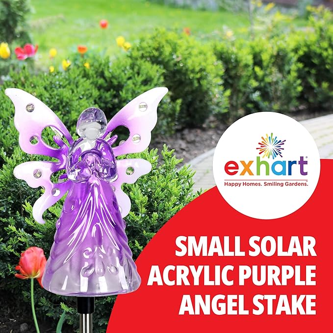 Exhart Garden Solar Lights, Decorative Angel Garden Stake, 12 LEDs, Cute Yard and Pathway Decor, Purple, 4 x 34 Inch