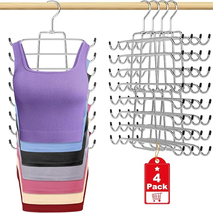 4Pcs Tank Top Hangers Space Saving Hanger Organizer Bra Hangers for Closet Organizer 360° Rotating Metal Closet Organizers and Storage Lingerie Hangers for Cami Bras Belts Swimsuits Lingeries Silver