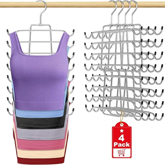 4Pcs Tank Top Hangers Space Saving Hanger Organizer Bra Hangers for Closet Organizer 360° Rotating Metal Closet Organizers and Storage Lingerie Hangers for Cami Bras Belts Swimsuits Lingeries Silver