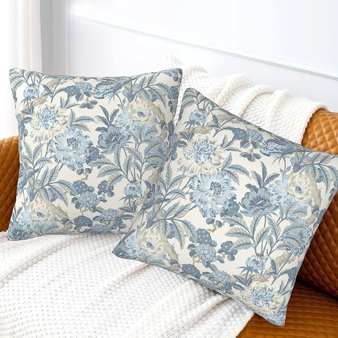 Blue Floral Spring Summer Rustic Flower Throw Pillow Covers 18x18 Inch Set of 2 Farmhouse Decorative Pillows Cover Vintage Country Cushion Case of Indoor Outdoor Sofa Living Room Bedroom