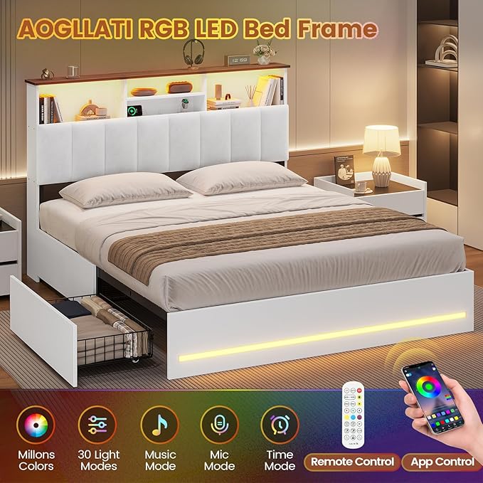 AOGLLATI Queen Bed Frame with Stylish Bookcase Headboard & Charging Station & LED Lights,Queen Size Bed Frame with 4 Drawers, Metal Slats, No Box Spring Needed,White