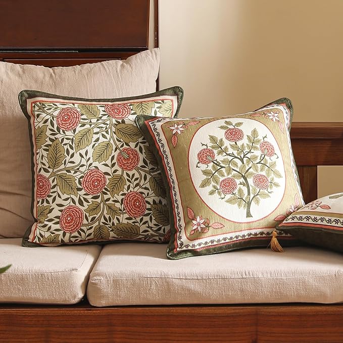 Throw Pillow Covers Pack of 4,Brown Cozy Velvet Farmhouse with Birds and Floral Pattern Pillowcases,Decoration Square Round Lumbar Pillows Cushion Covers for Couch Sofa Bed Car Chair