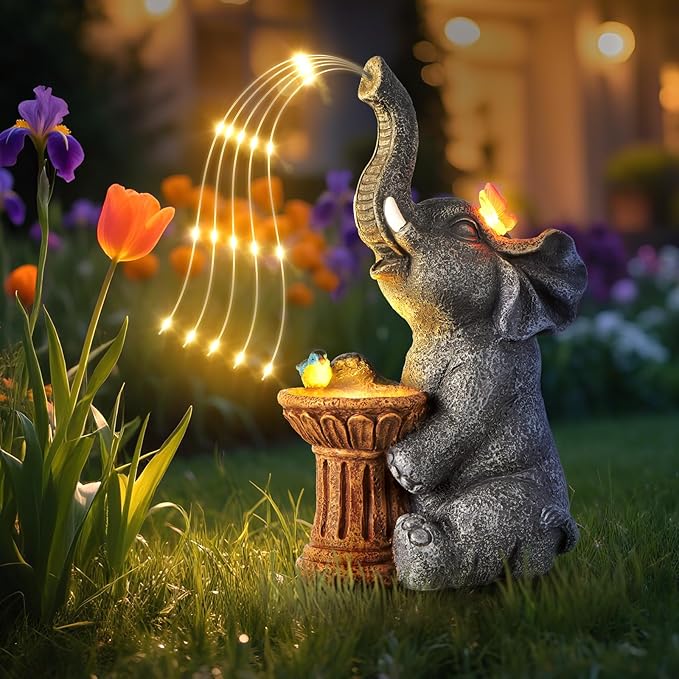 Garden Decor Watering Elephant Statues, Housewarming, Birthday Gifts for Women Mom Grandma, Garden Sculptures- Outdoor Statue Solar Lights Ornament for Yard Patio Balcony