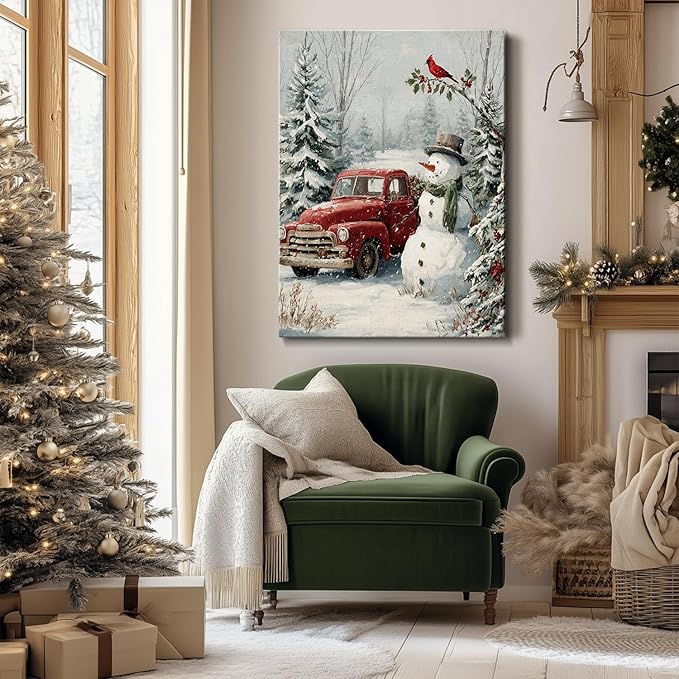 Christmas Snowman & Red Truck Canvas Wall Art - Rustic Winter Scene Framed Picture for Modern Farmhouse Home, Festive Christmas Wall Decor, Perfect Christmas Gifts & Holiday Decorations