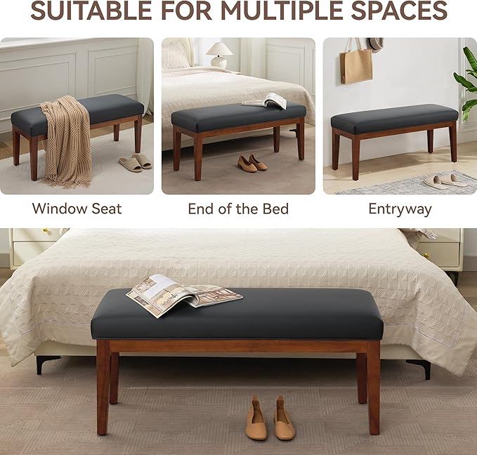 43.5'' Faux Leather Bedroom Bench, Upholstered End of Bed Bench, Padded Vintage Dining Bench, Entryway Bench with Solid Wood Legs, Kitchen, Living Room, Hallway, Black