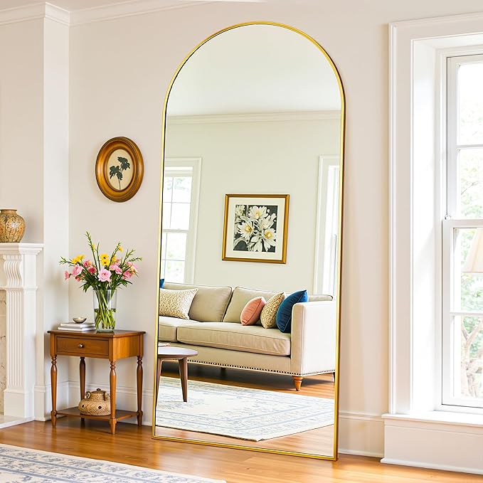 Full Length Mirror, 76"x34" Oversized Floor Mirror Freestanding, Full Body Mirror Floor Standing Mirrors with Stand, Hanging Mounted Mirrors for Bedroom Living Room, Gold, Arched Style