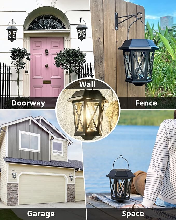 Solar Lanterns Outdoor Waterproof, Hanging Solar Lights with Glass Shade - 2 Pack LED Metal Wall Mount Outdoor Light for Yard/Garden/Patio - Black