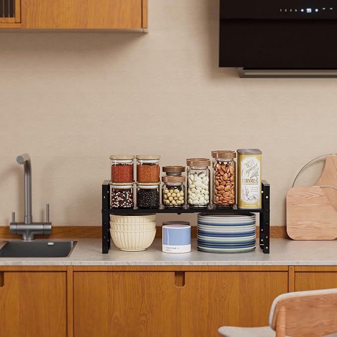 Expandable Spice Rack, Stackable Metal Pantry Storage Shelves Stand, Adjustable Height Cabinet Shelf Organizer Racks(1PACK/Black,Large)