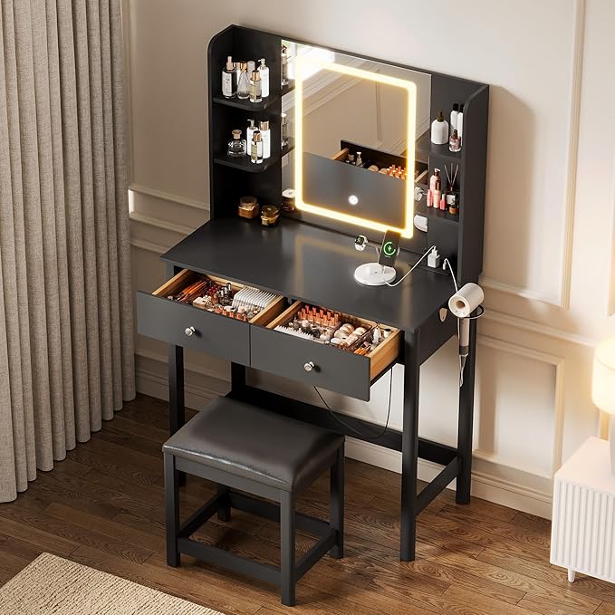 Vanity Desk with Mirror and LED Lights, Small Makeup Vanity Table Set with Drawers and Chair, Dressing Table with Power Outlet for Girls Bedroom, Black