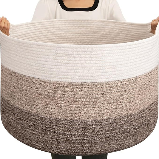 OIAHOMY Extra Large Storage Basket, 24" x 15" Woven Blanket Storage for Living Room, Round Laundry Basket for Pillow - Gradient Brown