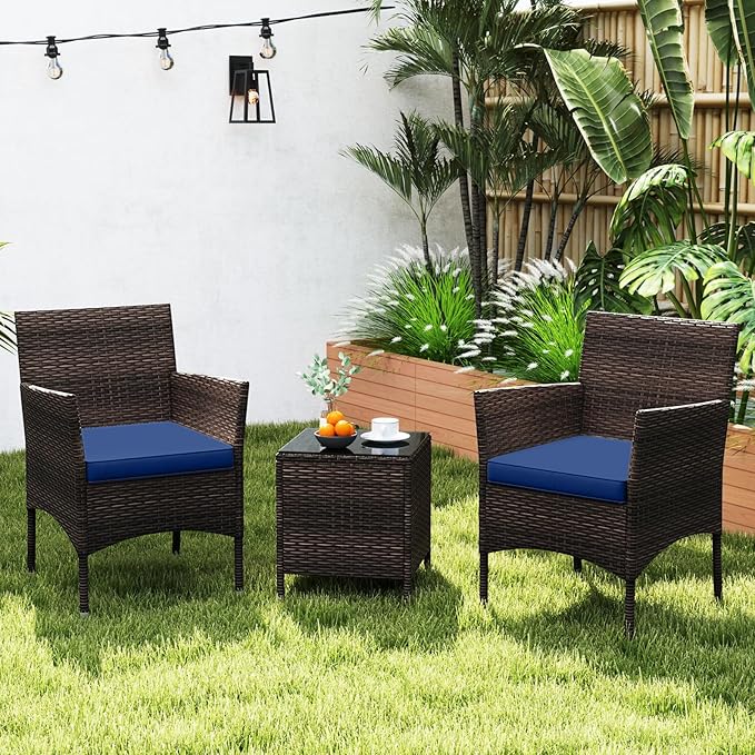 Tangkula 3 Pieces Patio Rattan Furniture Set, Outdoor Conversation Set with PE Wicker Armchairs, Tempered Glass Top Coffee Table, Soft Removable Cushions, for Porch Garden Yard Balcony (Navy)