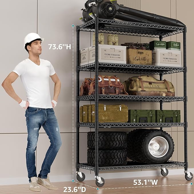 IZEUK Garage Shelving Wide Storage Shelves 5 Tier Metal Shelves Heavy Duty Adjustable Utility Shelf Rack Black 23.6" D x 53.1" W x 73.6" H