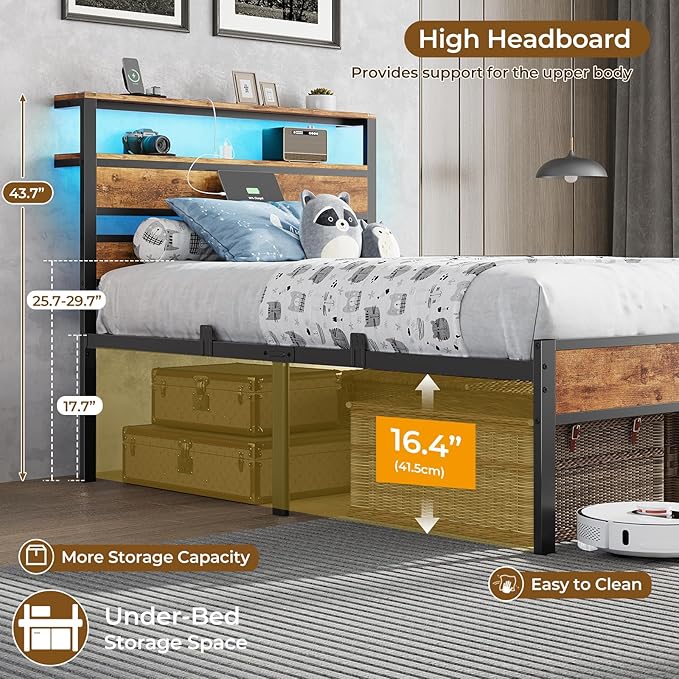 Hasuit Twin Bed Frame with Headboard LED Lights, Twin Size Bed with Charging Station 2-Tier Storage Shelves, Metal Platform Bed with Heavy Duty Slat, Fast Assembly, No Box Spring Needed, Noise Free