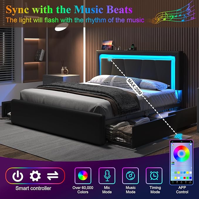 Full Size Bed Frame with 4 Storage Drawers and LED Lights, Upholstered Platform Bed with Adjustable Headboard and Charging Station, Metal Slats Support, No Box Spring Needed,Easy Assembly, Black