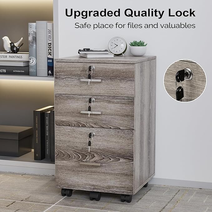 VINGLI 3-Drawer File Cabinet with Lock, Wood Rolling Filing Cabinets for Home Office, Mobile Printer Stand, Under Desk File Organizer for Letter Sized Files, 26" H(Caster Included),Gray Oak