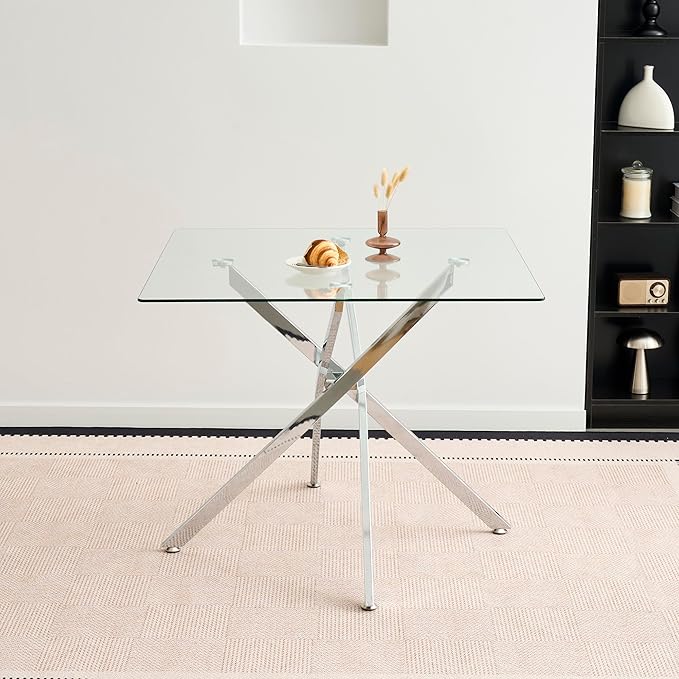 Henf 36'' Tempered Glass Dining Table for 2-4 People, Square Kitchen Table with Silver X-Base Metal Legs, Adjustable Feet, Glass Desk for Small Space, Clear Square Dining Room Table for 4