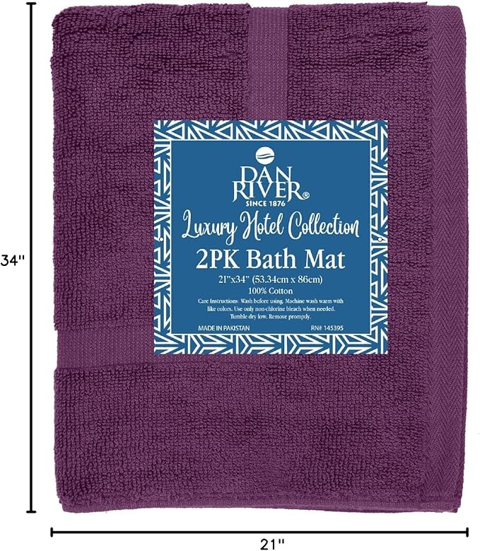 DAN RIVER Classic Bath Mat - Purple Passion, 100% Ring Spun Cotton, Pack of 2, 21x34 inches, 800 GSM, Non-Slip, Absorbent, Quick Drying, Machine Washable Bathroom Floor Mats for Shower, Kitchen & Bath