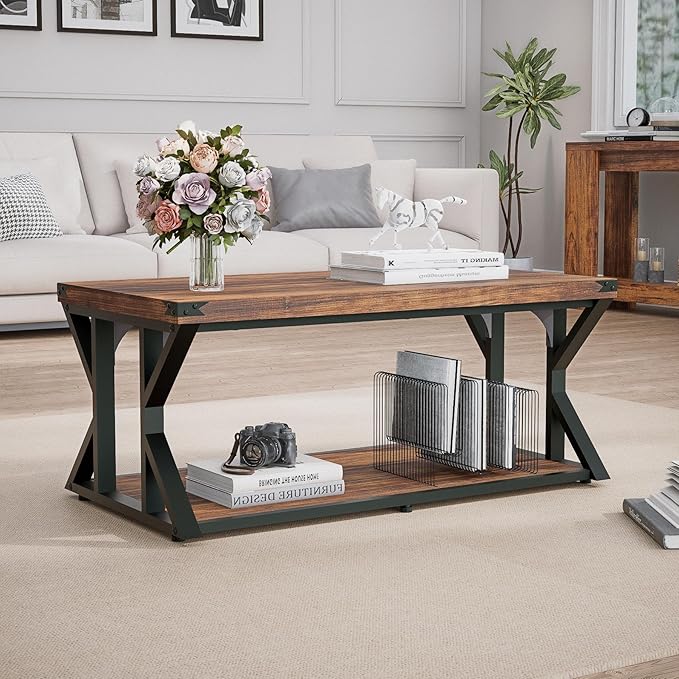 43” Industrial Coffee Table, 2-Tier Farmhouse Center Table with Storage Shelf, Angle Iron Top & Metal Frame, Living Room Cocktail Table, Rustic Brown